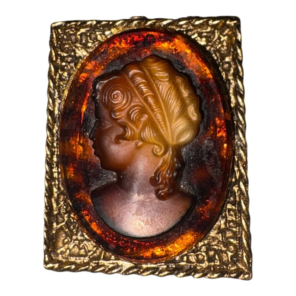 Vintage Cameo Style Portrait Brooch Gold Tone Amber Resin Frame J40